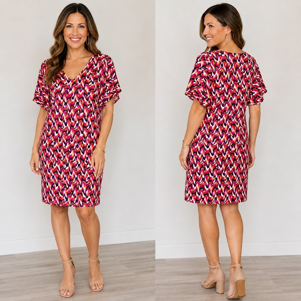 Trina Turk Size 12 Retro Wave Print V-Neck Shift Dress Multicolor TD15R501 USA